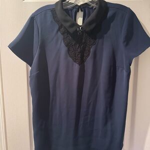 Rw&Co Navy Blue Blouse with Black Lace Collar